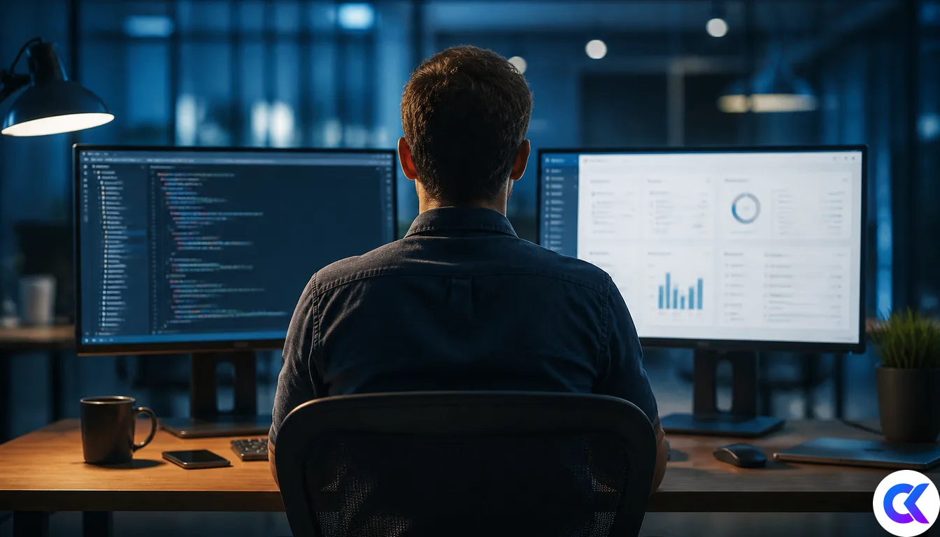 Split desk with custom IDE and SaaS dashboard soft focus