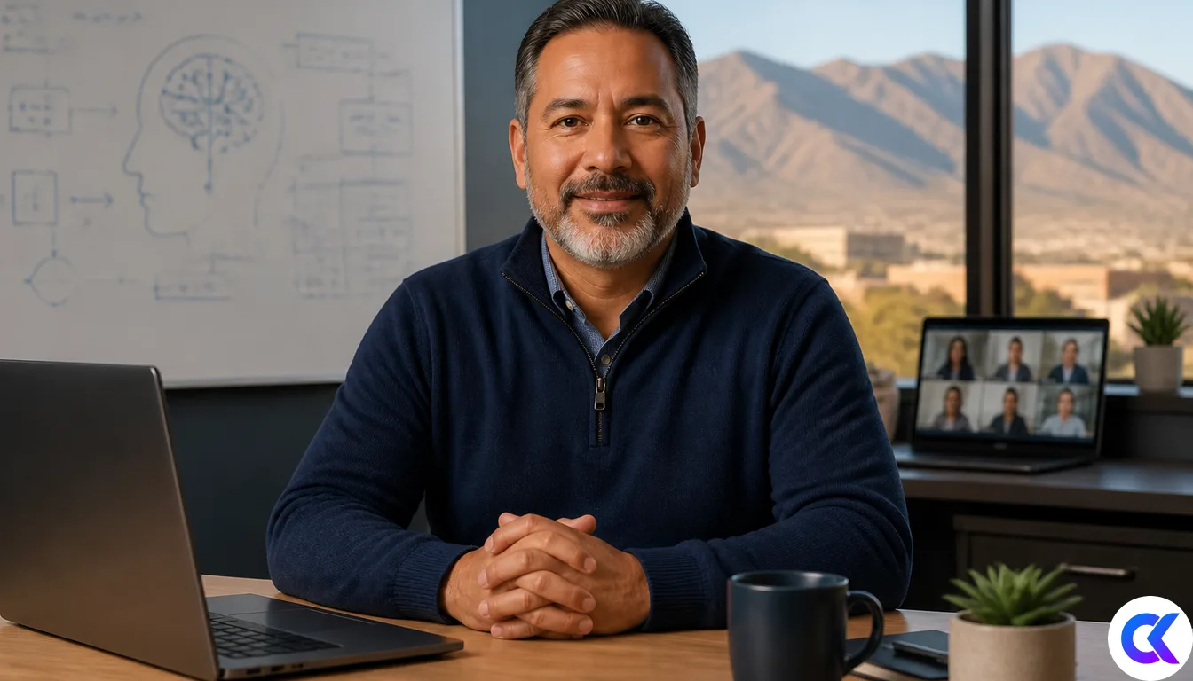 Albuquerque IT desk with AI whiteboard and laptop video call