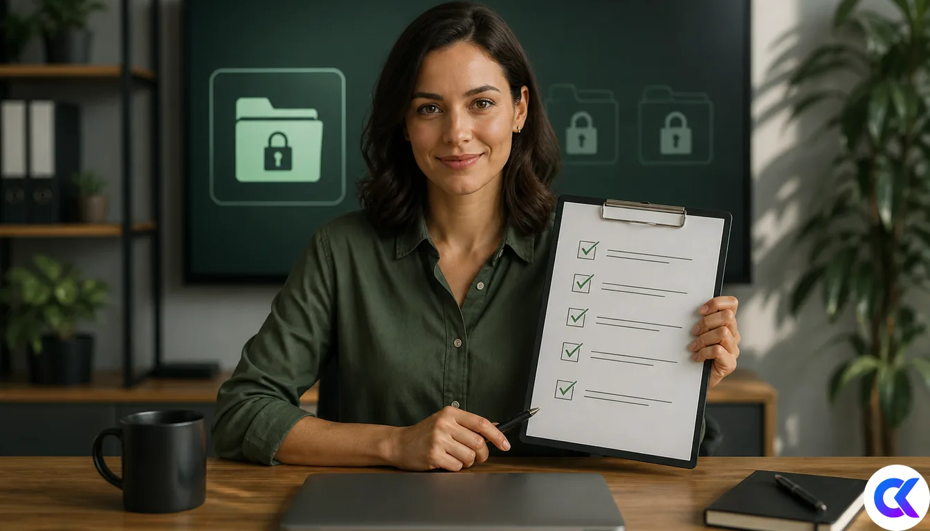 Compliance desk with allowlist checklist and locked folder UI
