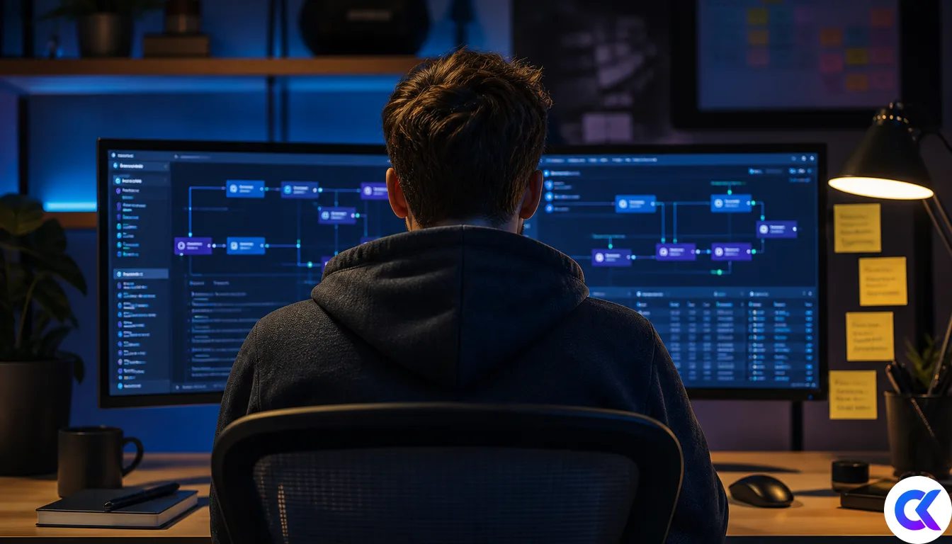 DevOps dual monitors with deployment pipeline graphs and runbook notes