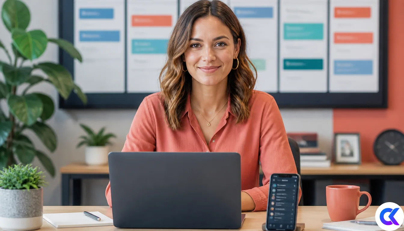 Marketing ops desk with CRM pipeline board and laptop