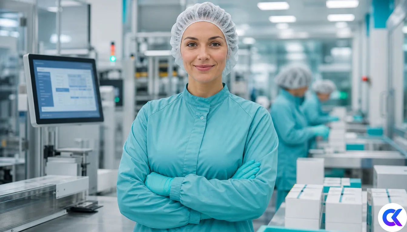 Pharmacy operations floor with MES terminal soft focus