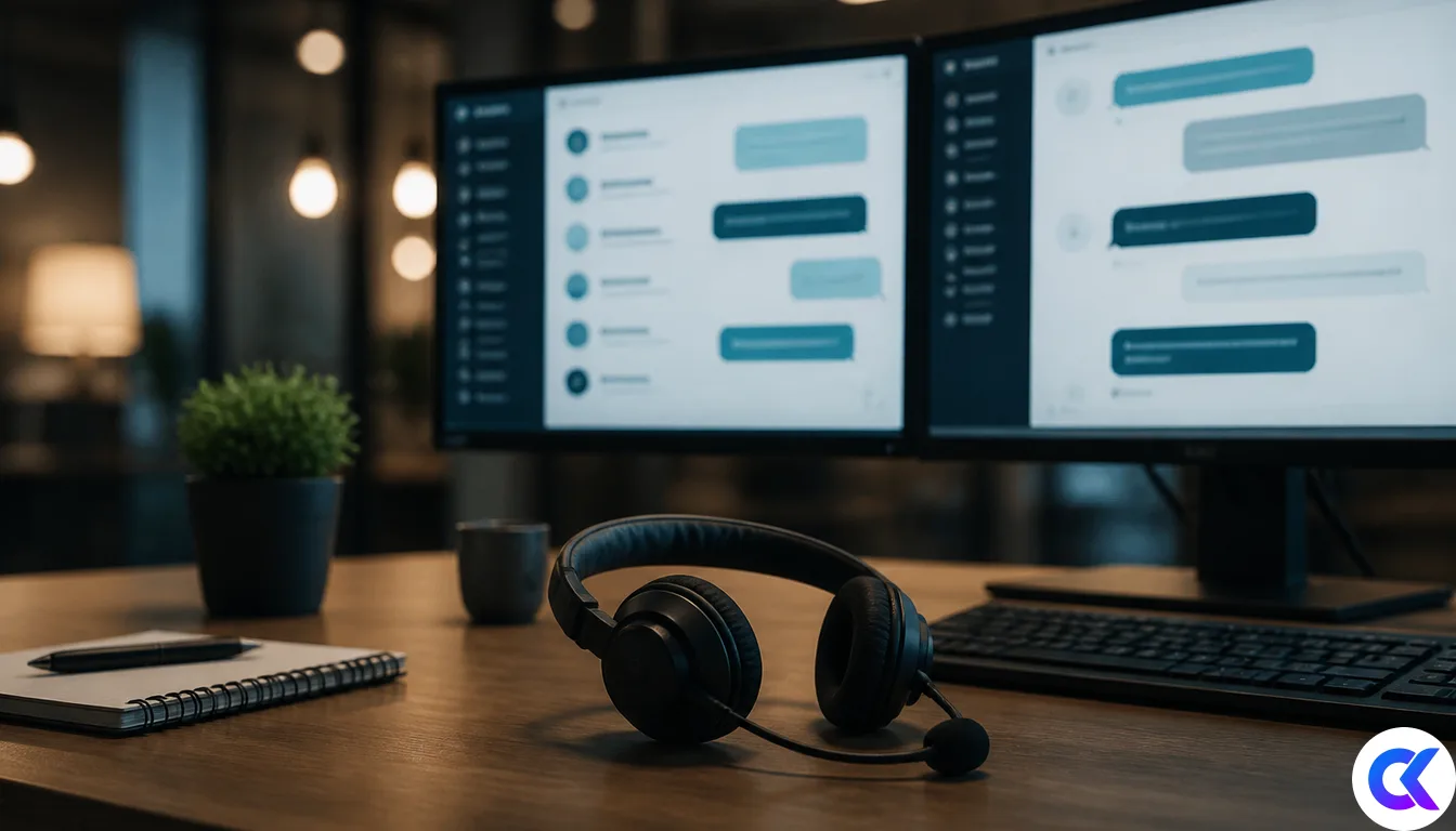 Support headset beside monitors with abstract chat UI