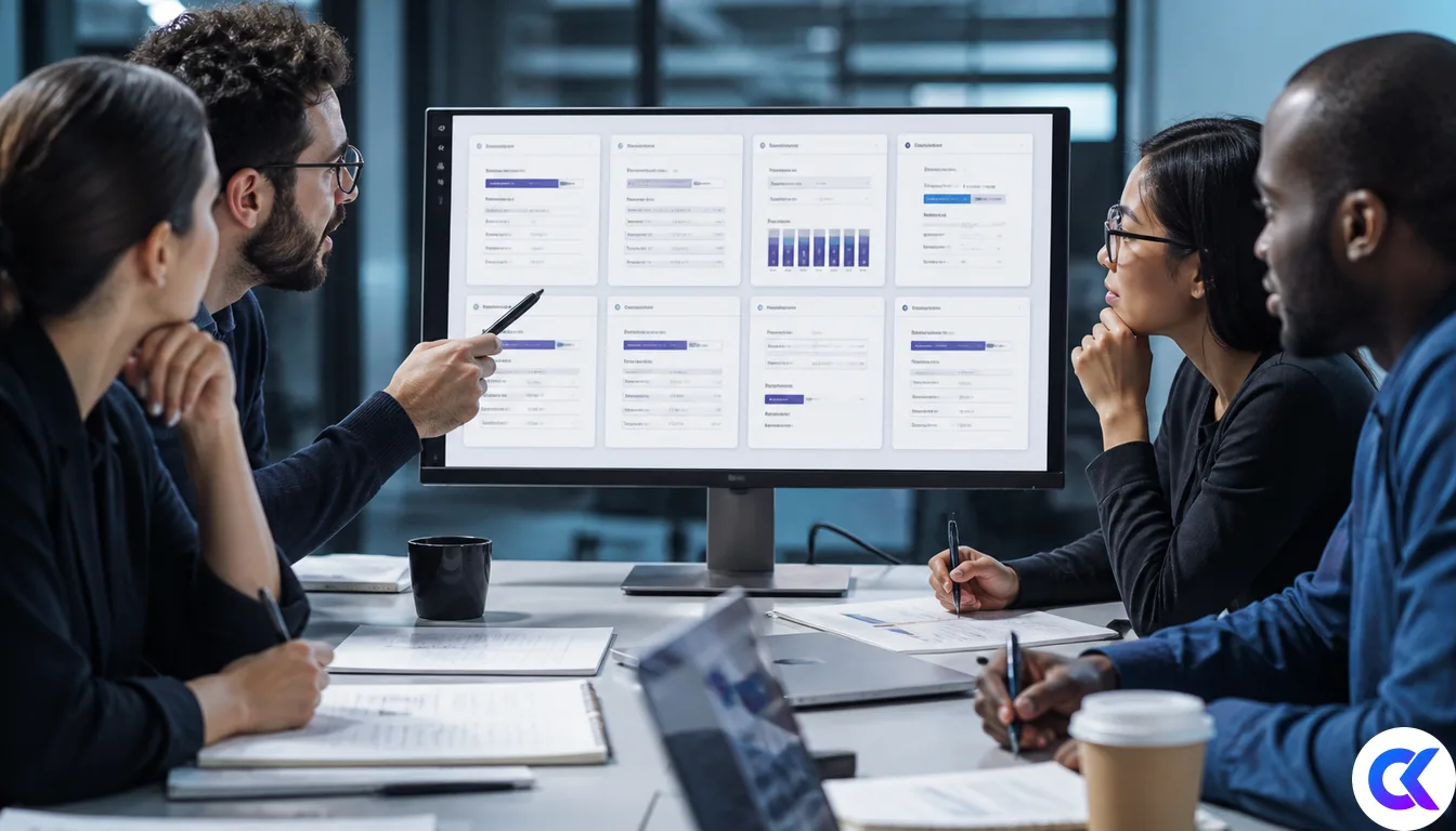 Data team reviewing dataset cards on a wide monitor