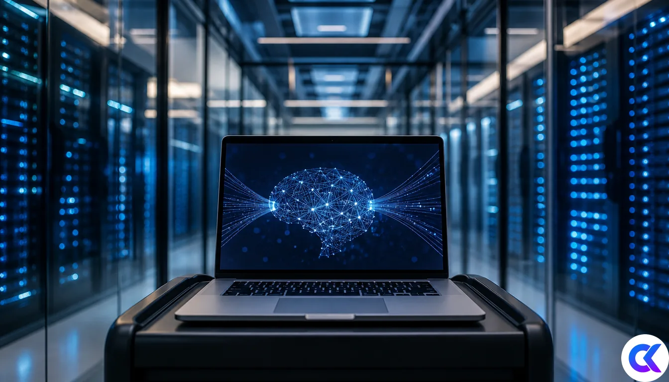 Server room corridor with laptop showing abstract AI diagram