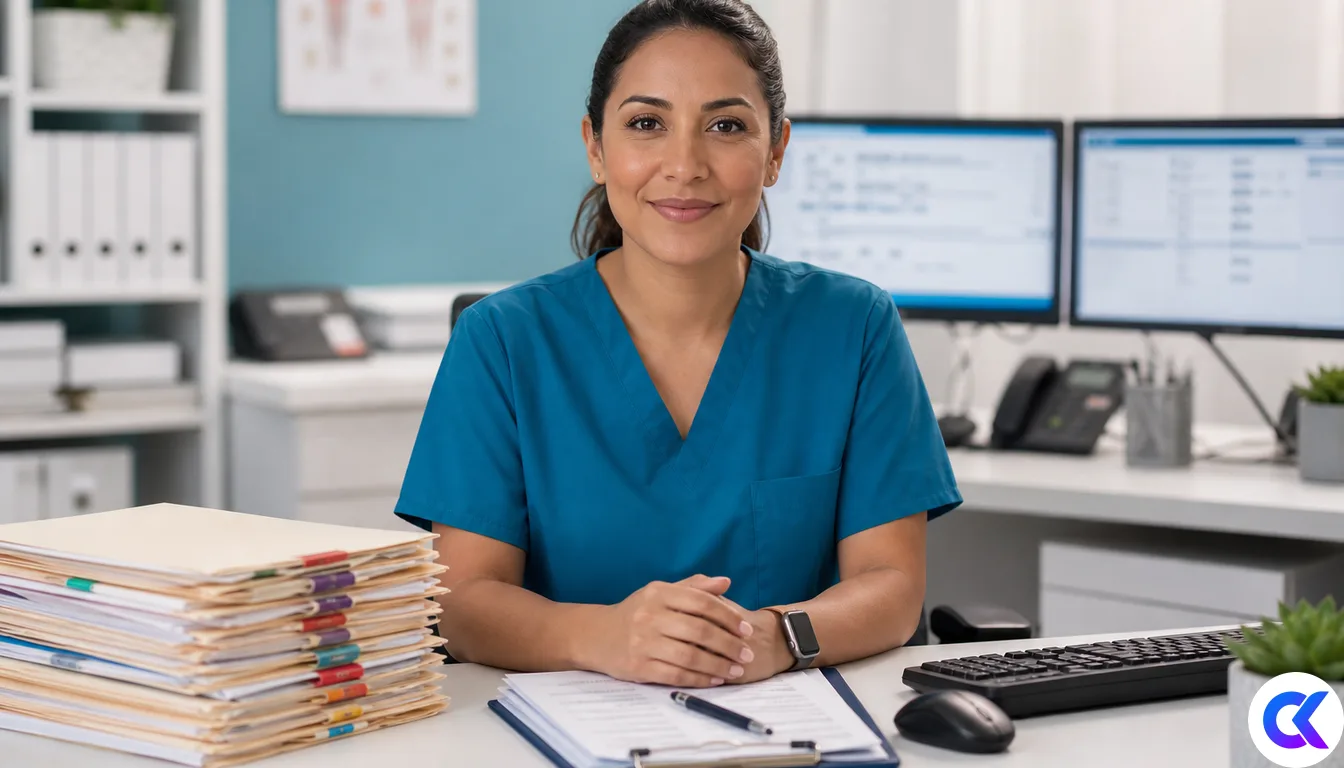 Medical billing desk with claim folders and soft EHR screens