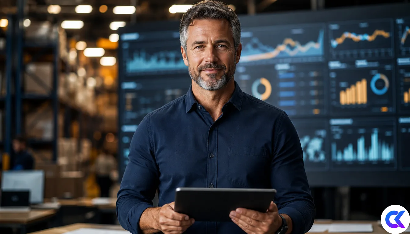 Operations dashboard charts and tablet in a warehouse-office hybrid