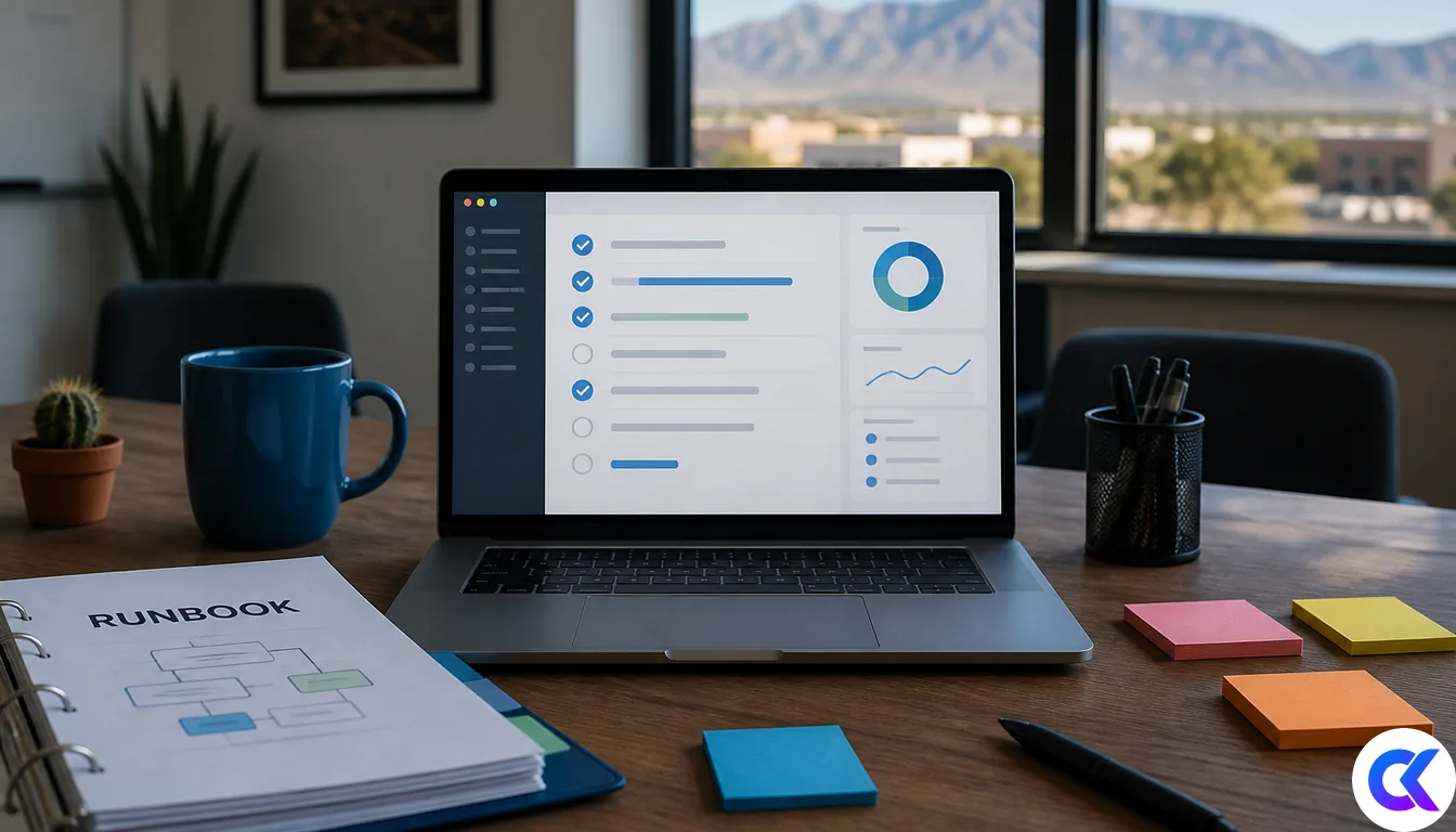 Product team desk with laptop QA checklist UI and runbook binder