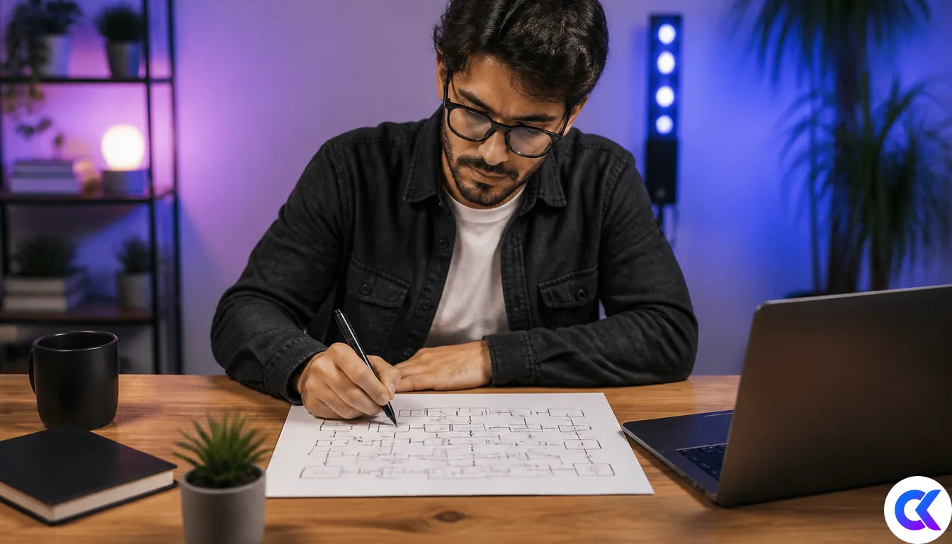 AI agent workflow sketch beside laptop with abstract node graph