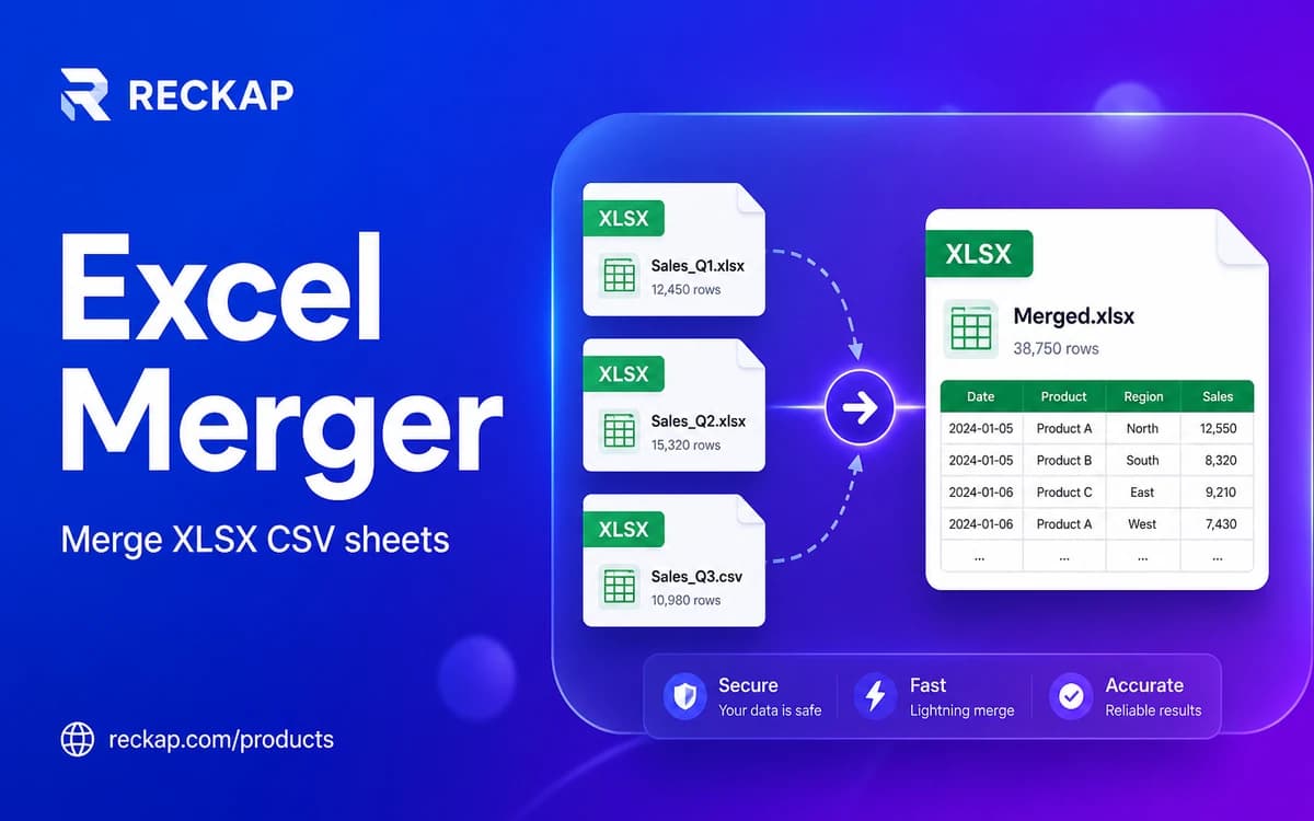 Reckap Excel Merger cover - merge XLSX and CSV sheets